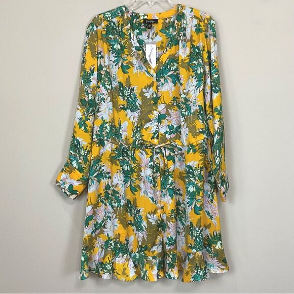 JESSICA SIMPSON Shiloh Satin Dress Yellow Floral Print Golden Rod Sz 2X NWT - Picture 2 of 11